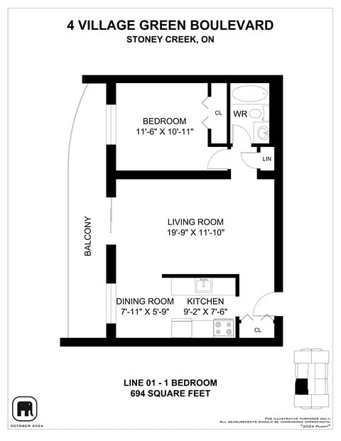 Floor plan for 1 bed, 1 bath
